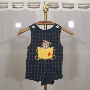Vintage 90s Kelly's Kids Navy Blue Plaid Teddy Bear Romper